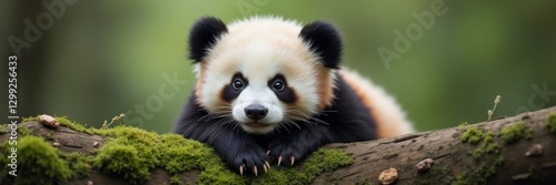 Adorable young panda resting on a mossy log, surrounded by lush greenery, showcasing its distinctive black and white fur in a serene natural habitat. photo