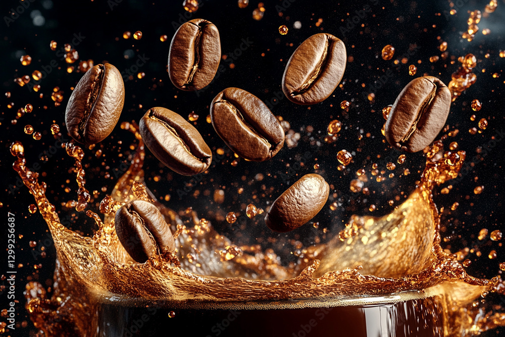 Roasted Coffee Beans Falling into a Rich Coffee Cup, Cut-Out Style A set of roasted coffee beans captured mid-air as they fall into a rich, dark coffee in a cup, creating a splash Roasted Coffee Beans Falling into a Rich Coffee Cup, Cut-Out Style A set of roasted coffee beans captured mid-air as they fall into a rich, dark coffee in a cup, creating a splash