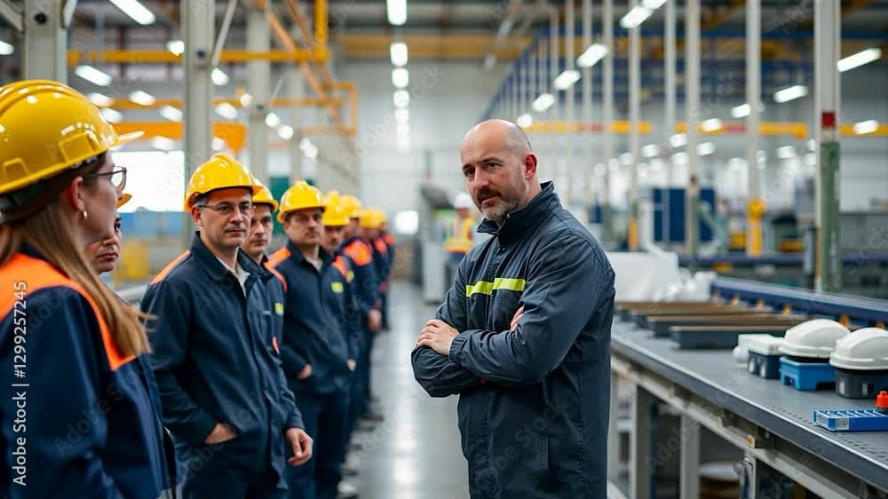 Factory supervisor addressing manufacturing team during morning briefing