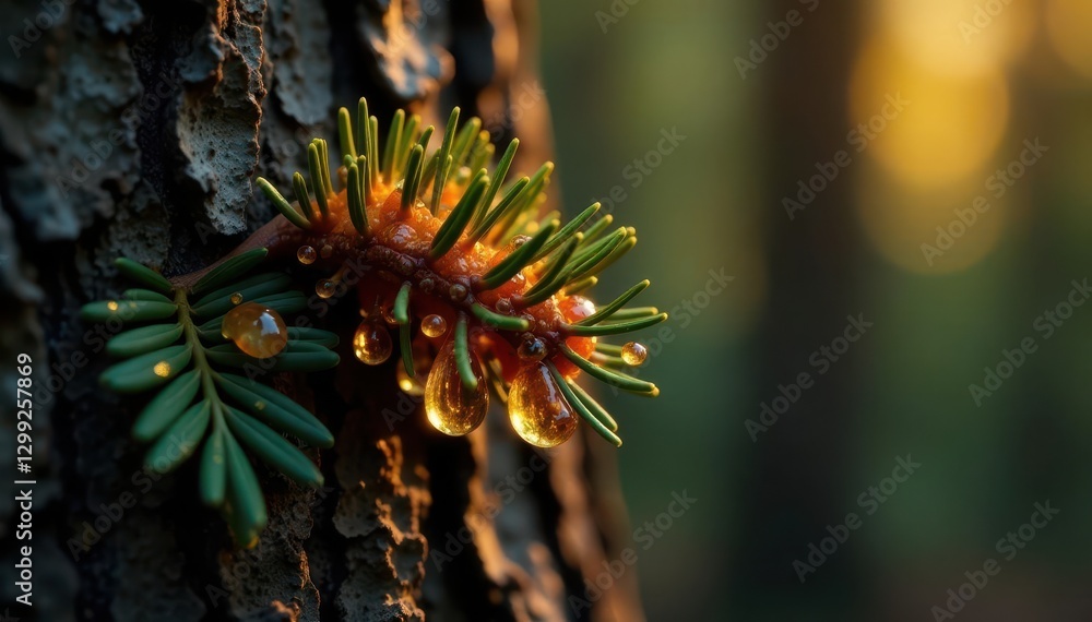 Fototapeta premium Thick, amber droplets cling to rough pine bark , macro, sunlight, flow