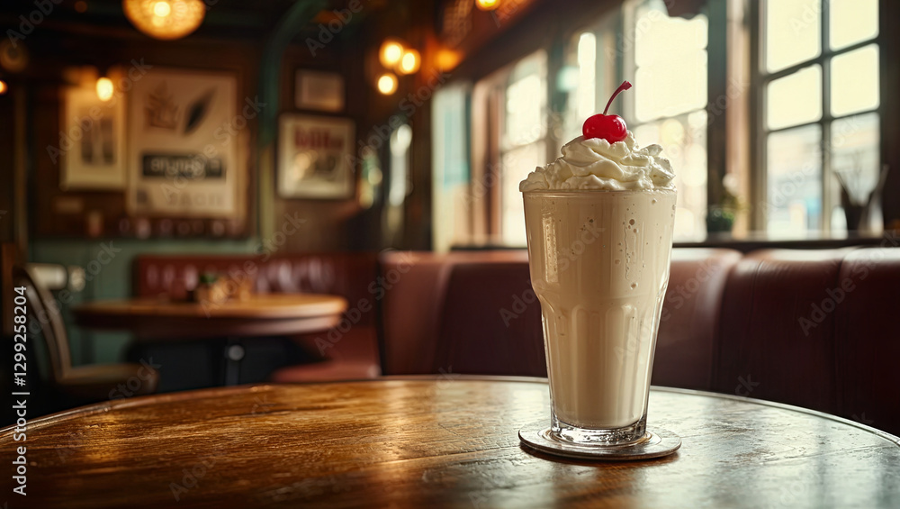 Vanilla Milkshake with Cherry in Tall Glass, Cozy Cafe. Wooden Table in Traditional Funky Room on wooden table. Food or Drink Background Vanilla Milkshake with Cherry in Tall Glass, Cozy Cafe. Wooden Table in Traditional Funky Room on wooden table. Food or Drink Background