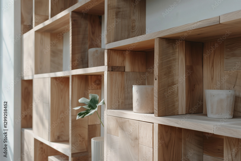 Wooden shelving unit with decorative objects Wooden shelving unit with decorative objects