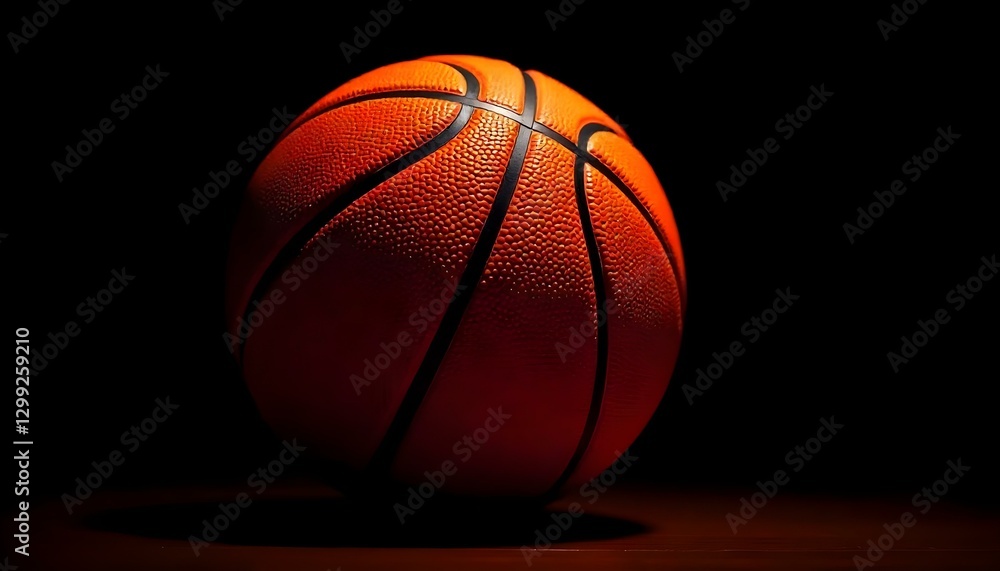 Fototapeta premium Un primer plano de estudio de una pelota de baloncesto sobre un fondo negro, iluminado para resaltar su textura y forma
