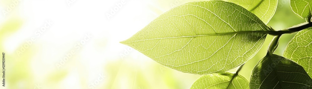 Fototapeta premium Sunlight through green leaves, nature backdrop, spring freshness