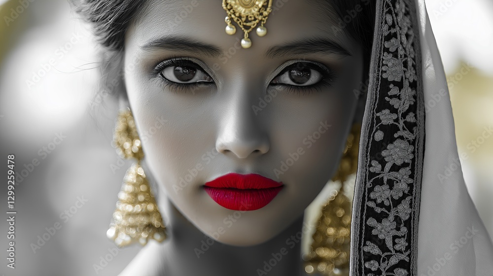 An Indian bride with only her red lips and golden earrings in color, everything else in black and white. An Indian bride with only her red lips and golden earrings in color, everything else in black and white.