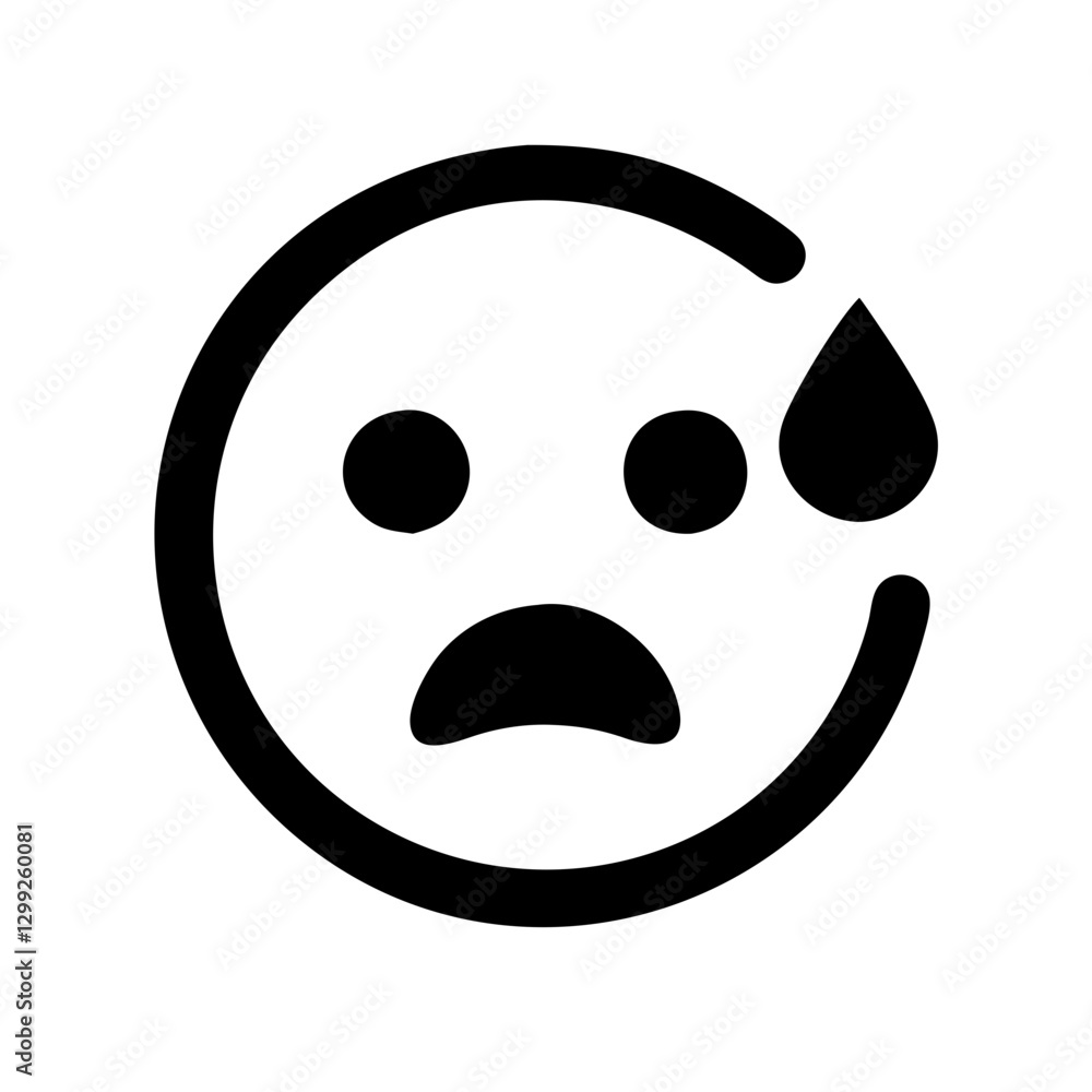 Black outline of sad face with sweat drop on white background with copy space Black outline of sad face with sweat drop on white background with copy space