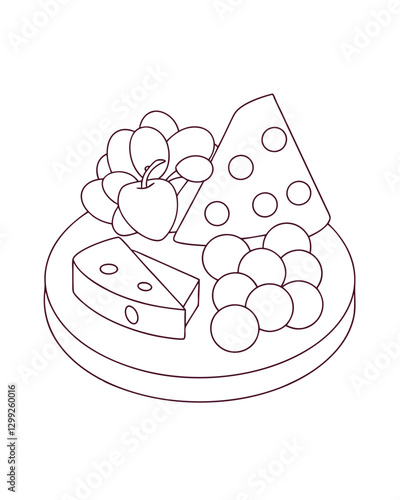 Luxurious Cheese and Charcuterie Board with Grapes and Nuts – Gourmet Appetizer Adult Coloring Page on White Background