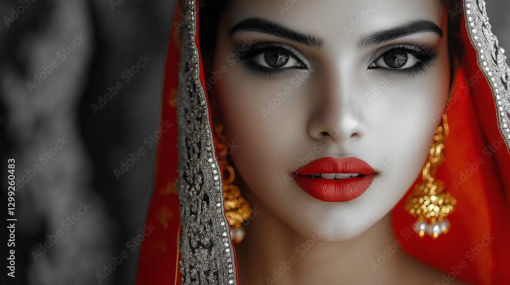 An Indian bride with only her red lips and golden earrings in color, everything else in black and white. An Indian bride with only her red lips and golden earrings in color, everything else in black and white.