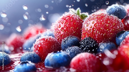 Close-Up of Frozen Berries with Icy Crystals on Them. Generative AI photo