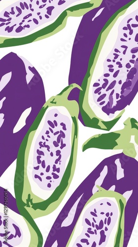 Abstract Eggplant Pattern: Vibrant Purple and Green Fruit Illustration for Kitchen Decor