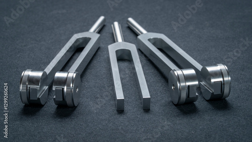 Fotografi Set of weighted and unweighted metal tuning forks used for tuning musical instruments, sound therapy, chakra healing or relaxation