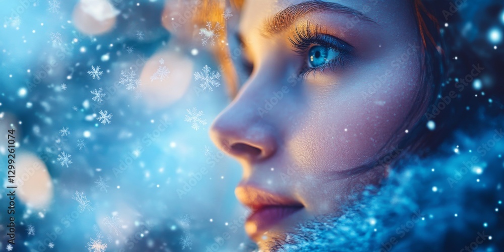 A close-up of a woman with striking blue eyes gazing into the distance. Snowflakes surround her in a winter wonderland. The image captures beauty and serenity. A close-up of a woman with striking blue eyes gazing into the distance. Snowflakes surround her in a winter wonderland. The image captures beauty and serenity.