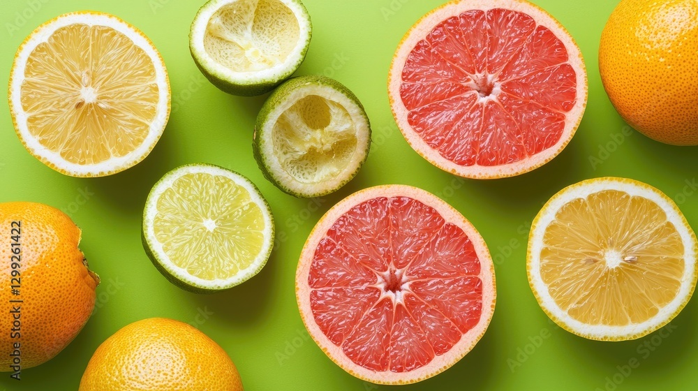 Fototapeta premium Citrus fruits overhead shot, vibrant colors, green background, healthy food, recipe blog