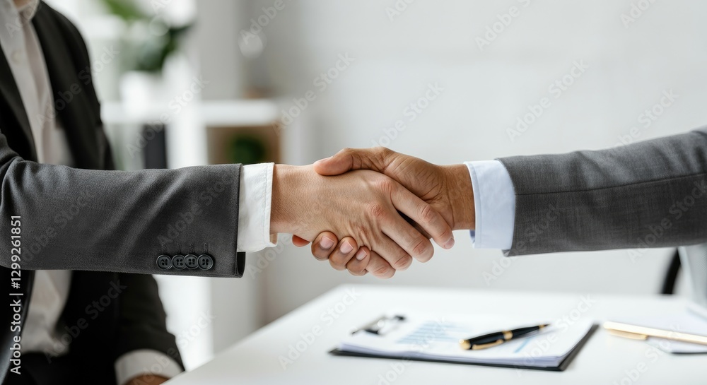 Close-up of handshake between two people in formal attire Close-up of handshake between two people in formal attire