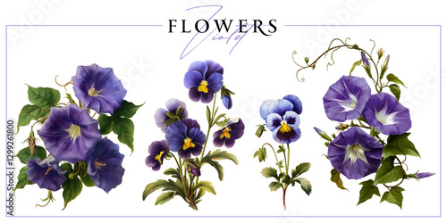 Violet flowers isolated on a white background. Vintage painting style illustration.