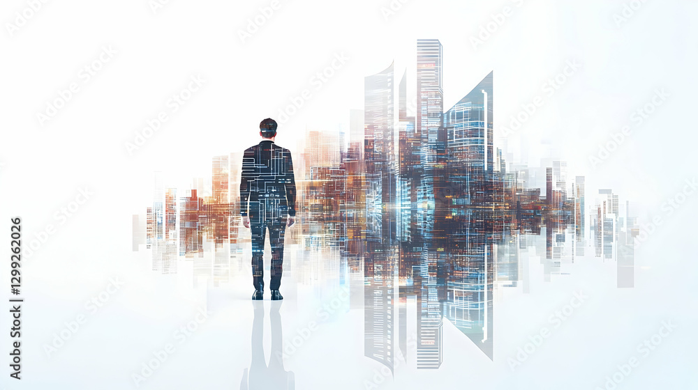 Silhouette of a Businessman Contemplating a Digital City Skyline Reflection Silhouette of a Businessman Contemplating a Digital City Skyline Reflection