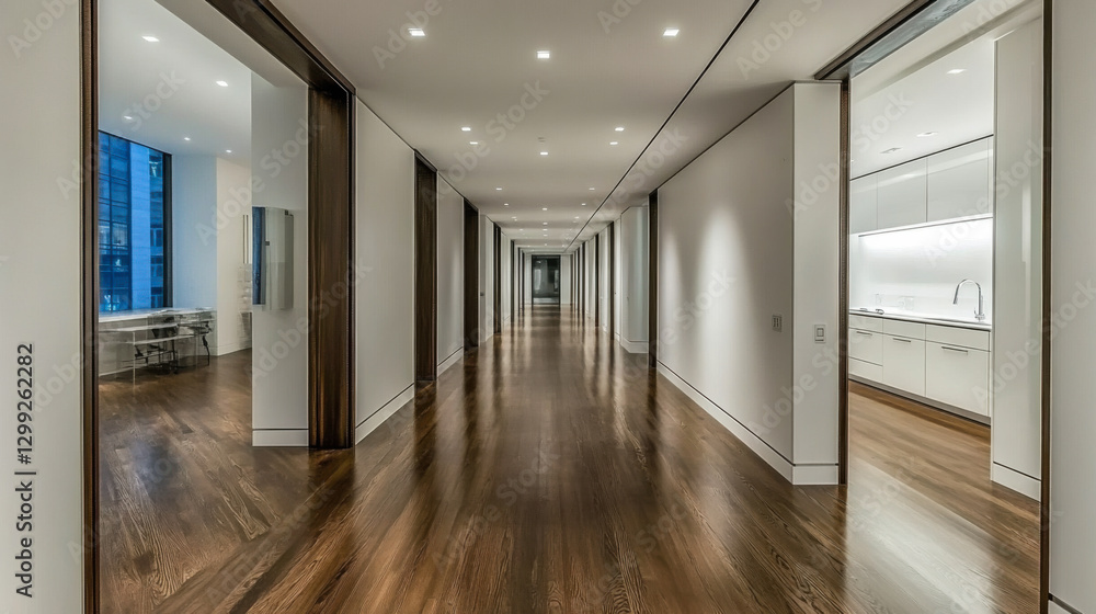 Obraz premium Modern hallway featuring sleek design with wooden flooring and bright lighting in a contemporary building