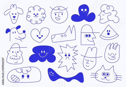 Set of basic faces and doodle elements. Fun hand-drawn characters. Isolated vector illustrations with blue outlines.