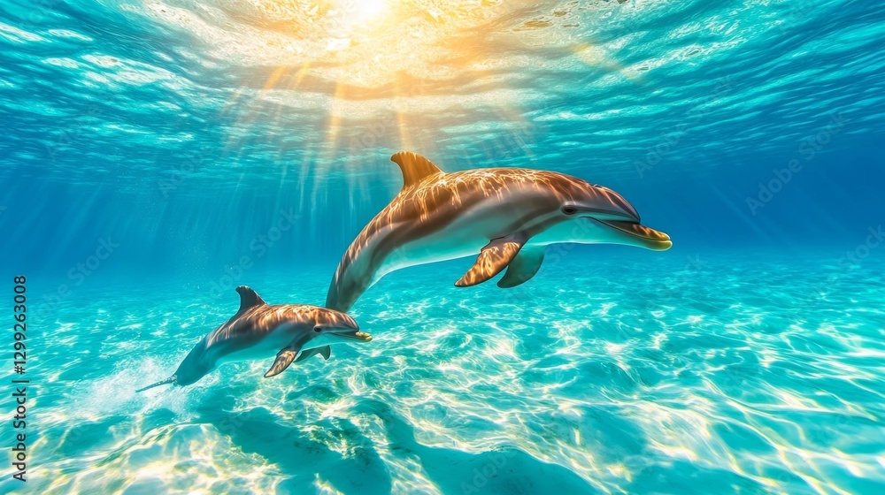 Obraz premium Mother dolphin guiding her calf through sunlit clear waters of the ocean captured in a peaceful moment. Generative AI
