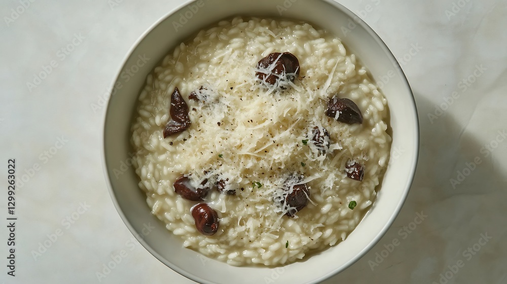 Bowl of creamy risotto porcini mushrooms and Parmesan arranged symmetrically for an appealing topdown view Bowl of creamy risotto porcini mushrooms and Parmesan arranged symmetrically for an appealing topdown view