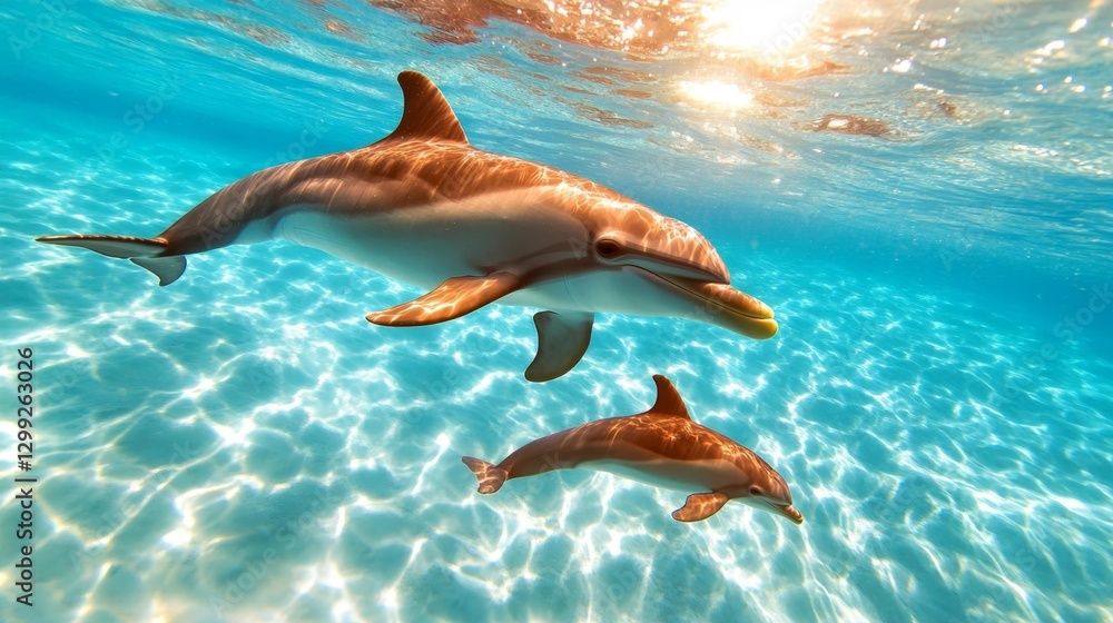 Obraz premium A mother dolphin and calf swimming in clear turquoise water showcasing family bonds in a serene environment. Generative AI