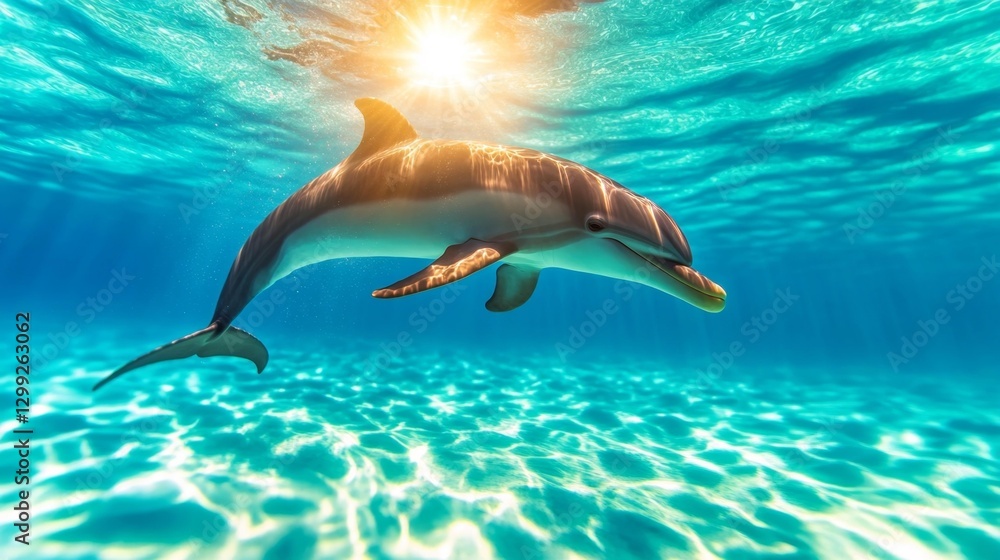 Obraz premium Dolphin mother and calf gliding through the turquoise sea a beautiful underwater family moment. Generative AI
