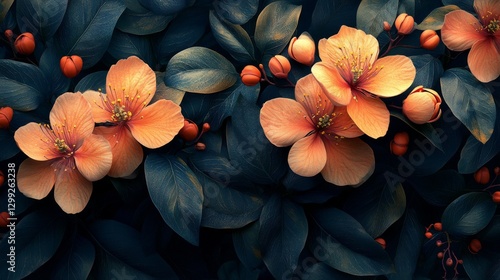 Floral Elegance: A Delicate Dance of Apricot Blooms and Emerald Foliage, Capturing Nature's Intricate Beauty and Tranquil Harmony in a Lush, Artistic Composition