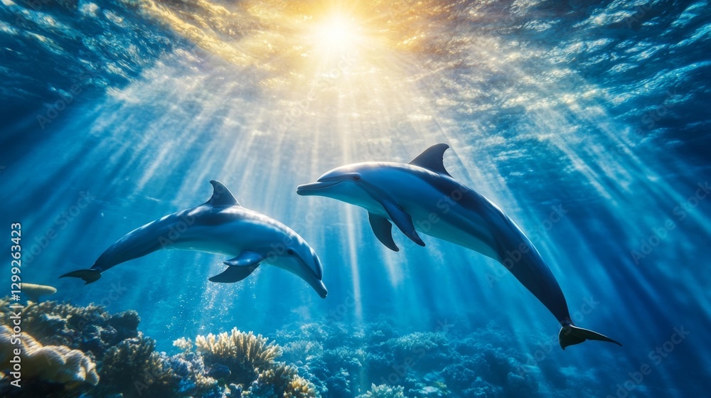 Fototapeta premium Two dolphins swimming in clear blue water sunlight shining through the ocean surface. Generative AI