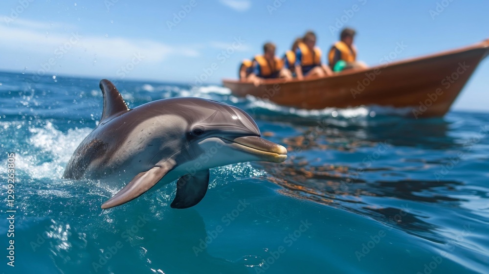 Obraz premium Tourists Watching Dolphins from a Boat in the Open Sea. Generative AI