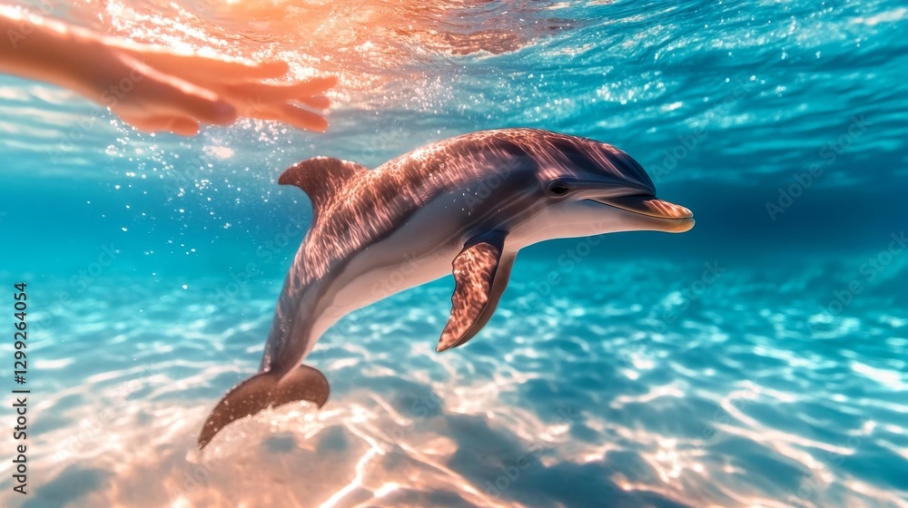 Obraz premium A Dolphin Swimming Near Human Hands in Clear Shallow Waters with Sunlight Reflections. Generative AI