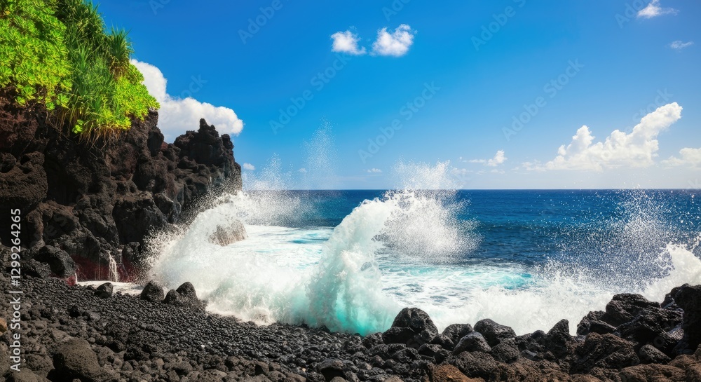Ocean waves crash against black volcanic rocks with lush greenery under bright blue sky Ocean waves crash against black volcanic rocks with lush greenery under bright blue sky