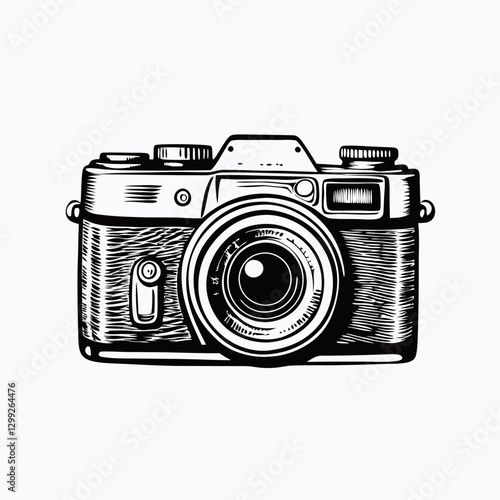 Vintage Camera Etching Woodblock style vintage camera with detailed cross-hatching Artistic black and white illustration for classic photography concept Art galleries vintage shops photography studios