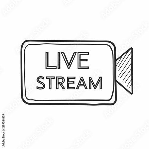 Hand-drawn video camera sketch with live stream text on white background. Simple whiteboard doodle style illustration creates casual, approachable feel. Digital streaming concept education