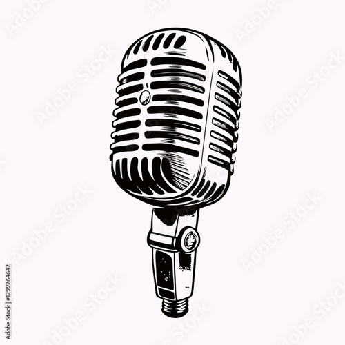 Retro-style microphone in ink sketch evokes vintage broadcasting, radio shows and podcast history. Concept: podcast branding, vintage radio, voice media