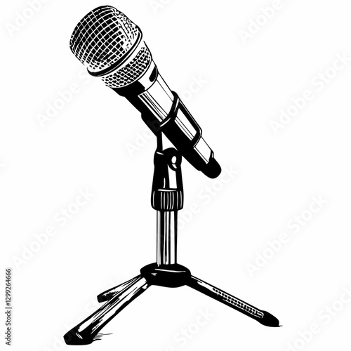 Classic tripod microphone stand rendered in minimalist black and white technical drawing style. Professional audio equipment setup with precise line work. Concept Music Production Broadcasting Audio