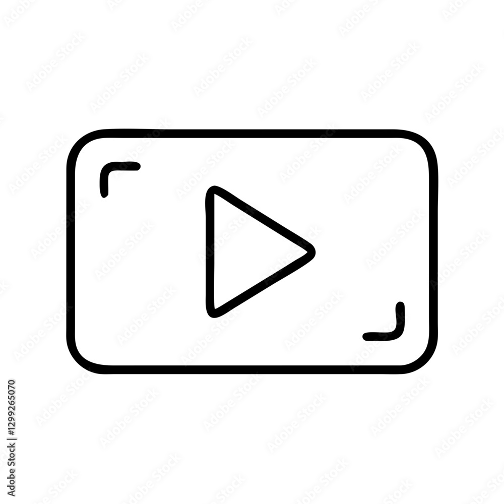 Minimalist line drawing of play button inside rectangular media player frame with corner indicators. Simple black outline on white background for clean interface appearance. Concept: video streaming Minimalist line drawing of play button inside rectangular media player frame with corner indicators. Simple black outline on white background for clean interface appearance. Concept: video streaming