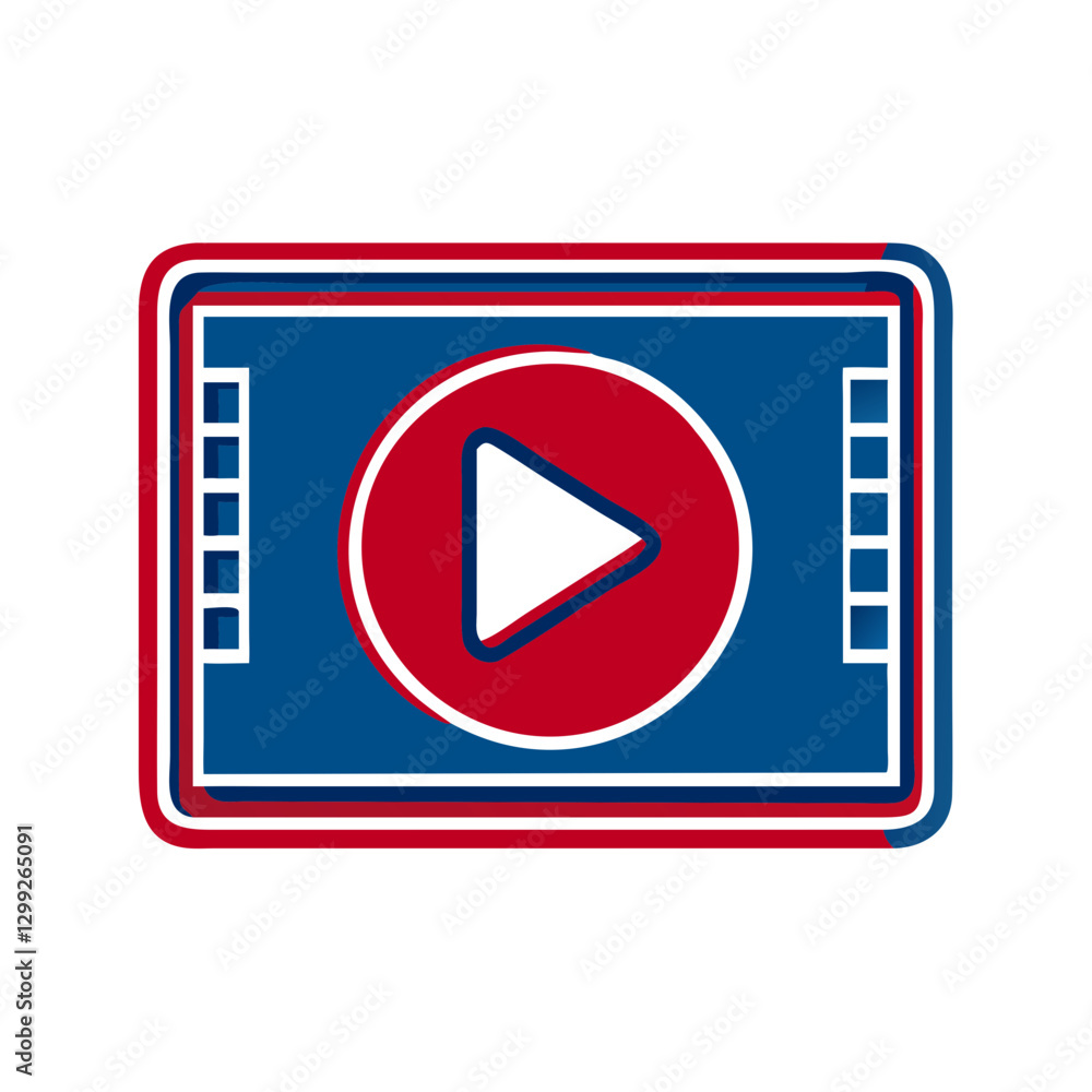 Red circle play button with white triangle on dark blue screen-like rectangle with film reel markings. Modern digital interface with slight 3D appearance from red-blue border. Concept: video platform Red circle play button with white triangle on dark blue screen-like rectangle with film reel markings. Modern digital interface with slight 3D appearance from red-blue border. Concept: video platform