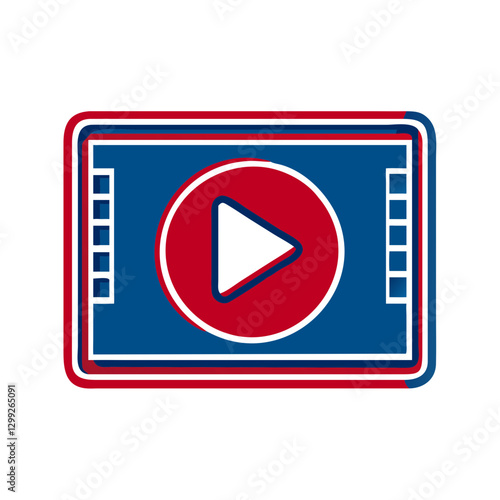 Free Download Red circle play button with white triangle on dark blue screen-like rectangle with film reel markings. Modern digital interface with slight 3D appearance from red-blue border. Concept: video platform - GFXLoad