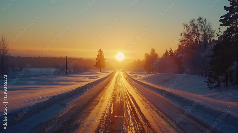 Beautiful winter landscape with road in the forest at sunset. Finland