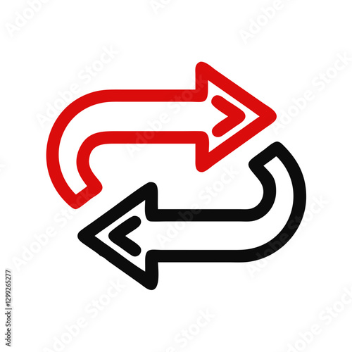 Red and black curved arrows create dynamic exchange loop. Bold contrasting colors emphasize reciprocal motion. Concept: Business exchange, partnership services, trade relations