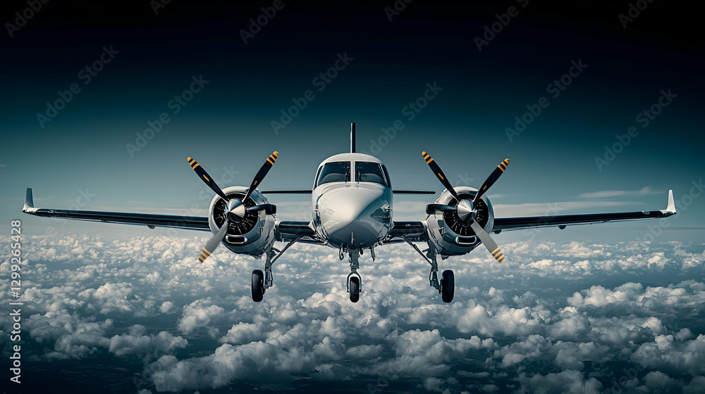 Fototapeta premium Twin-engine propeller plane flying above clouds at night