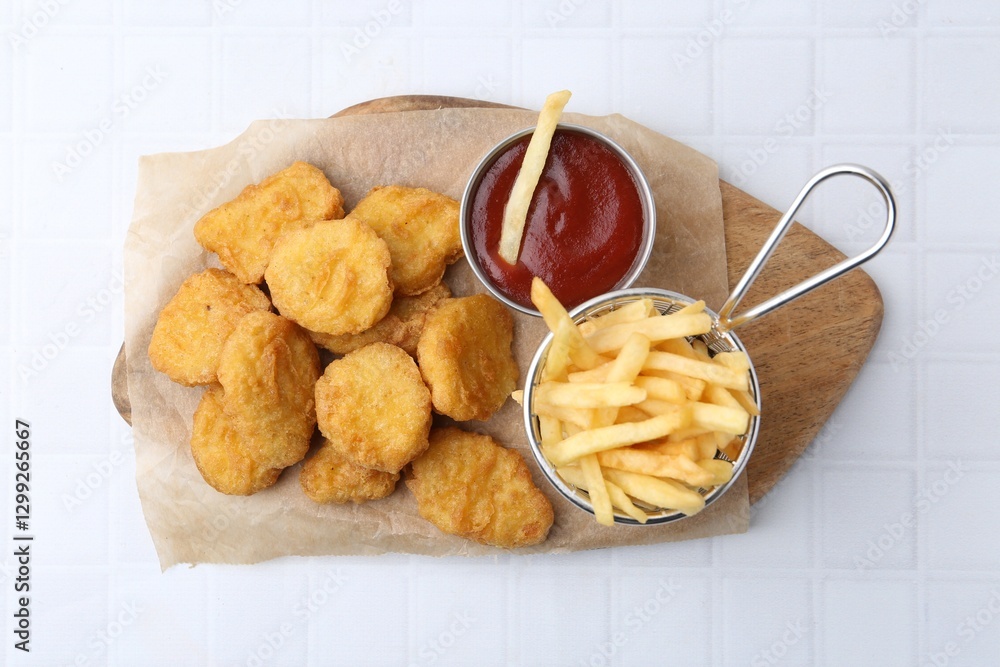 Fototapeta premium Tasty chicken nuggets, potato fries and ketchup on white tiled table, top view