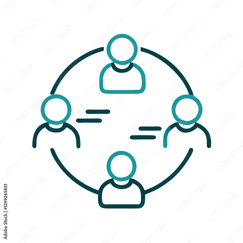 Four figures in teal tones arranged in connected circle. Modern minimalist representation of team unity and collaboration. Concept: team building, organizational development, group dynamics Four figures in teal tones arranged in connected circle. Modern minimalist representation of team unity and collaboration. Concept: team building, organizational development, group dynamics