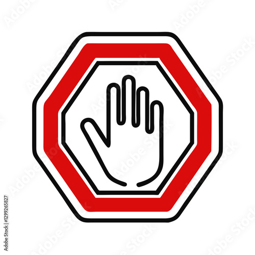 Red octagonal stop sign with palm-out hand gesture on white background. Looking authoritative and clear with bold black outline. Concept: safety regulation, traffic control, security system.