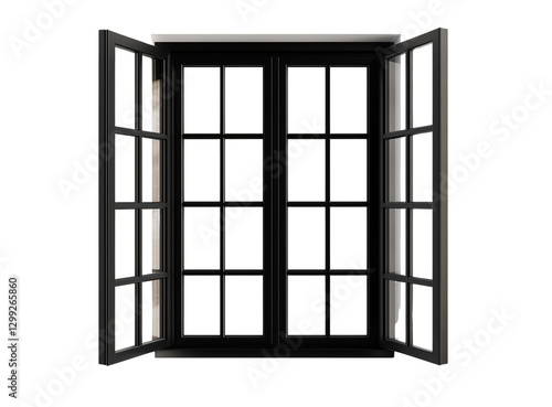 Modern Black Framed Window with Open Glass Panels on Transparent Background

 photo