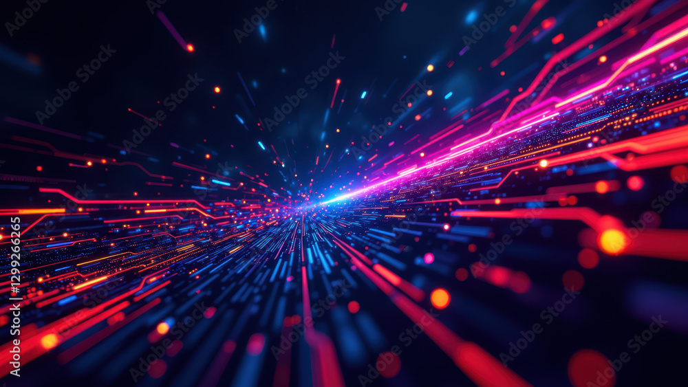 Naklejka premium A dynamic and vibrant visualization of cloud computing concepts with elements like servers, networks, and data flow.