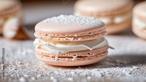 A close-up shot of a light pink macaron filled with white cream, dusted with powdered sugar. The background shows other out-of-focus macarons, highlighting the delicate texture and creamy filling