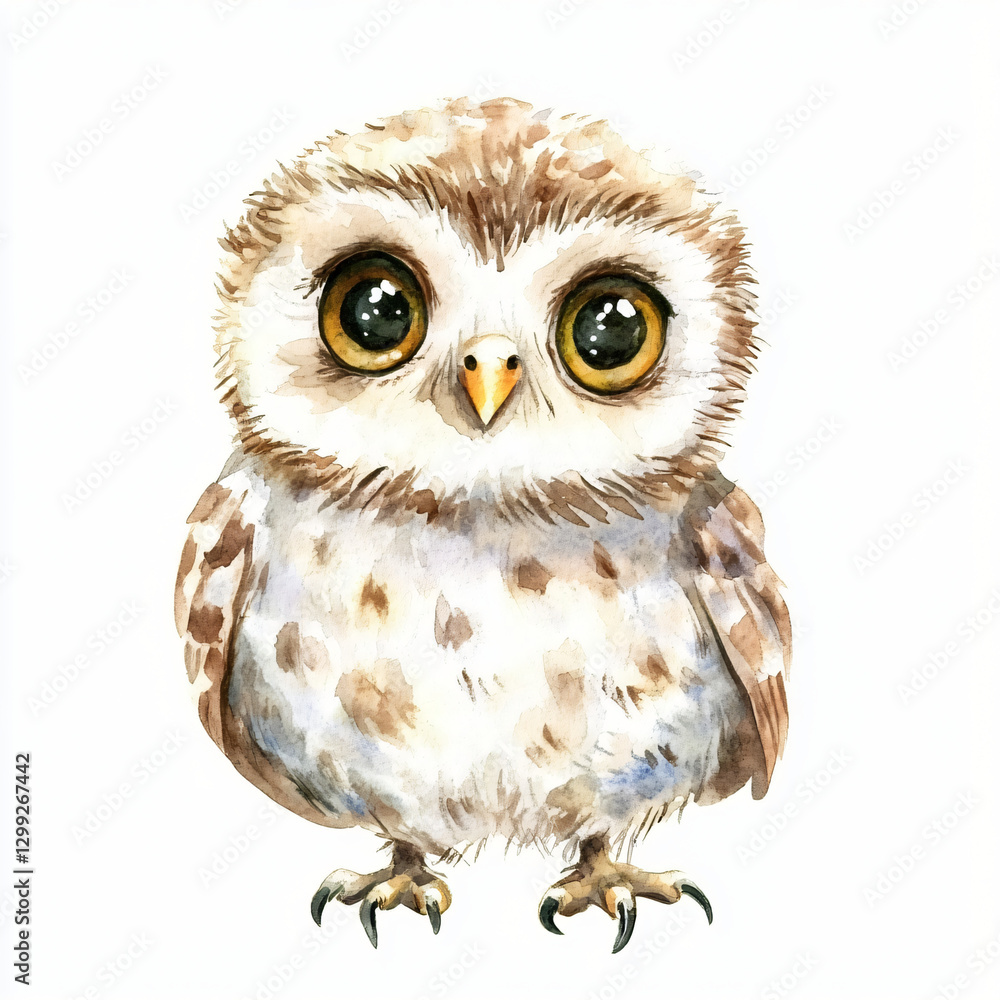 Naklejka premium A watercolor beautiful baby owl with big eyes painting illustration isolated on a white background, a cute baby brown owl illustration, painting, AI Painting design. 