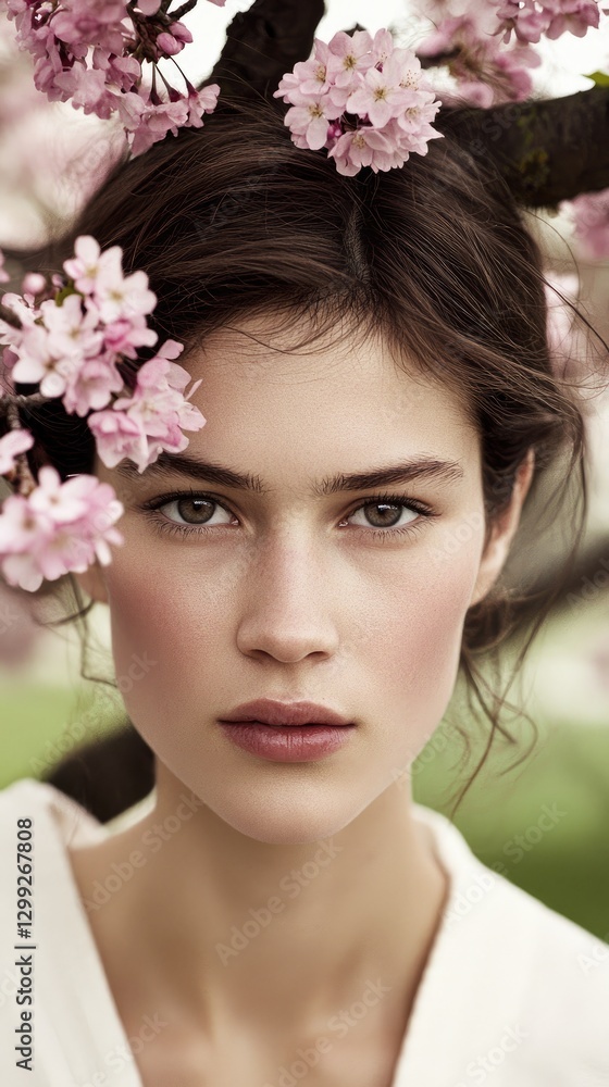 Woman, spring blossoms, portrait, serene, nature, beauty, photoshoot, outdoor, background, green