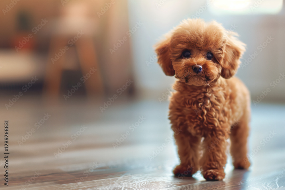 A cute puppy stands on a wooden floor indoors. A cute puppy stands on a wooden floor indoors.